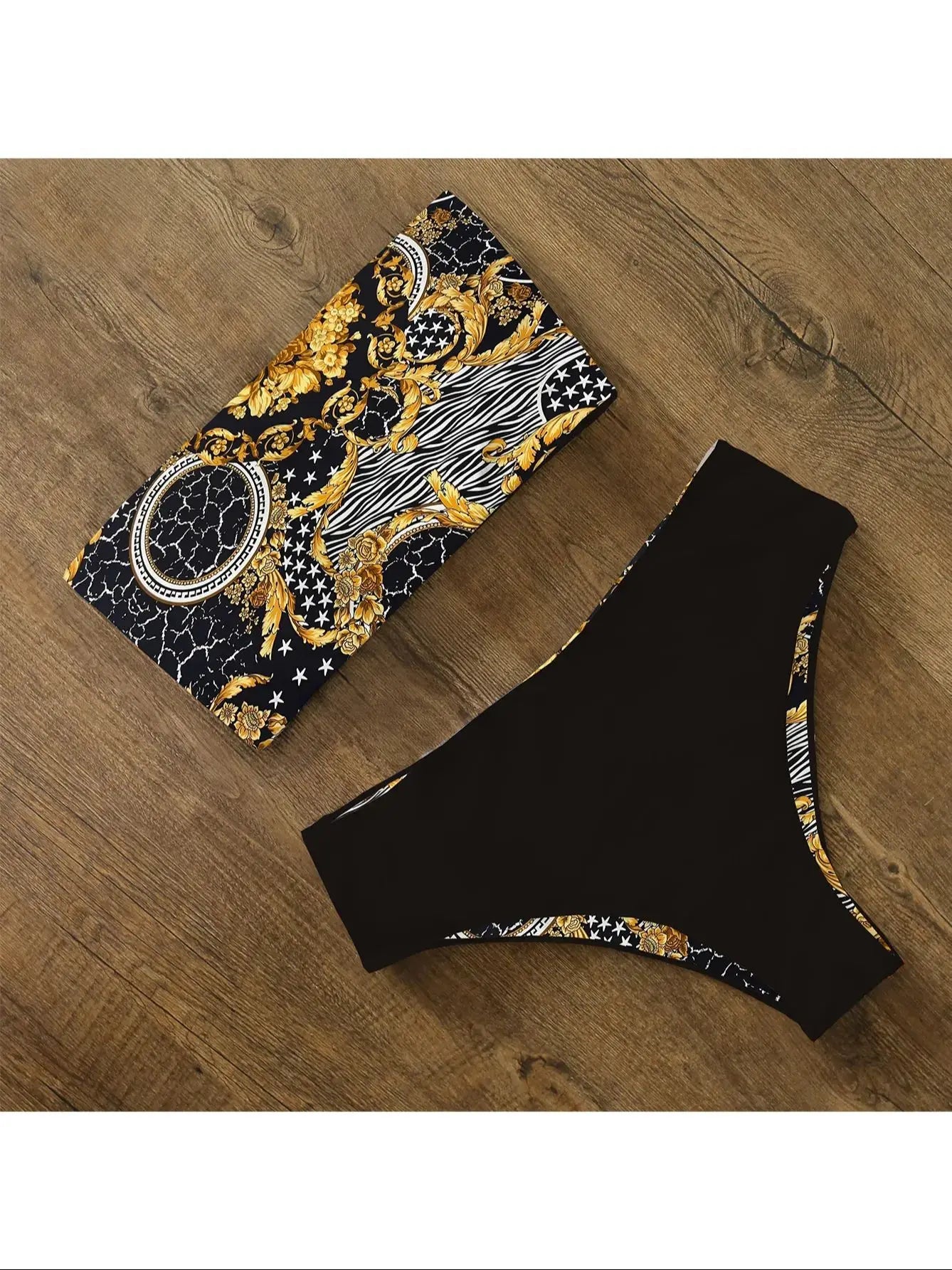 High Waist Bikini Set - Cross Back Bandeau Swimsuit with Print
