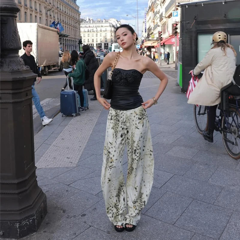 Women's Vintage Leopard Wide-Leg Jeans - Casual Streetwear Straight Pants