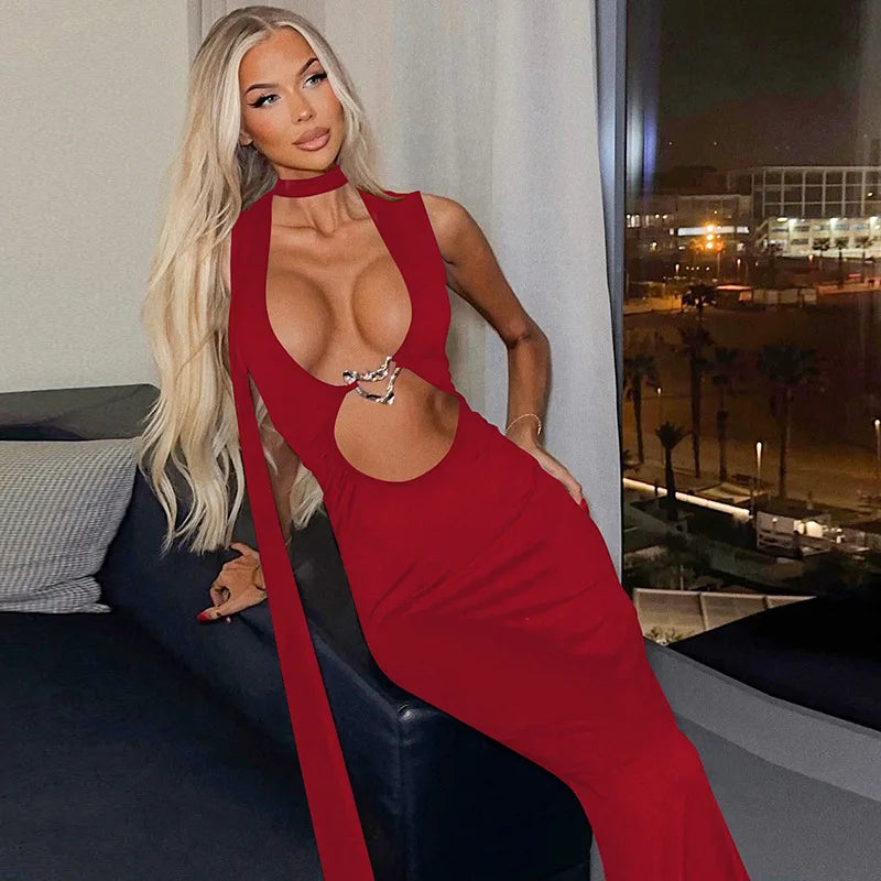 Women's Embellished Plunge Halter V Neck Maxi Outfit Club Party Cut Out Bodycon Dress