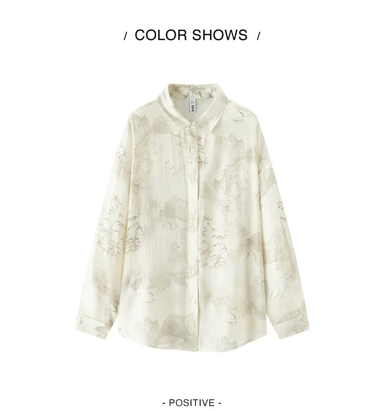 Women's Long Sleeve Oversized Shirt - Mid-Length Relaxed Fit with Artistic Ink Print