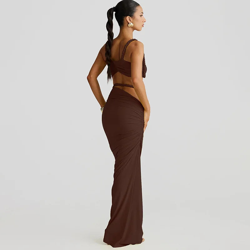 Women's Ruched Bandage 2 Piece Set Backless Decorative Cord Top and Skirt Dress Set