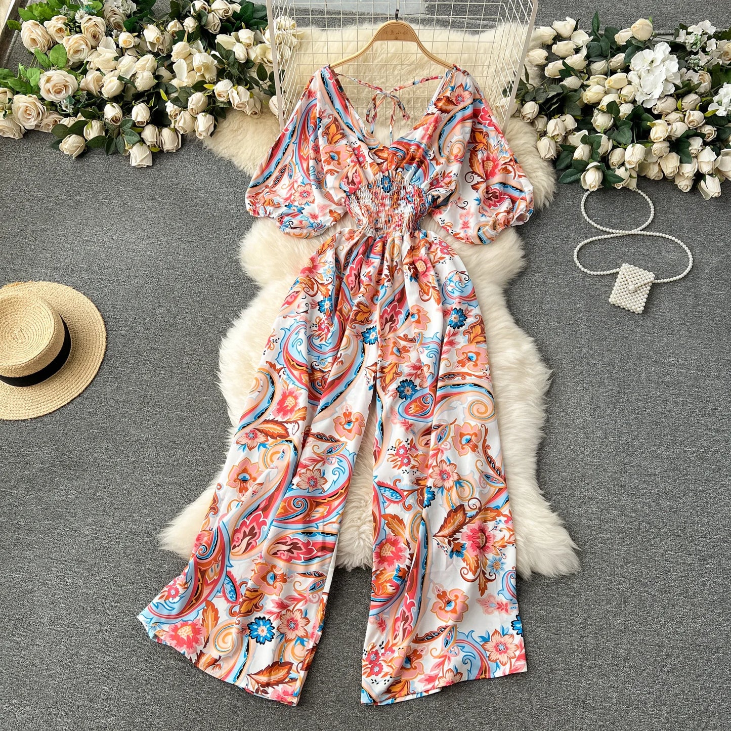 Women's V-Neck Floral Print Jumpsuit - Dolman Sleeves Wide Leg Trousers