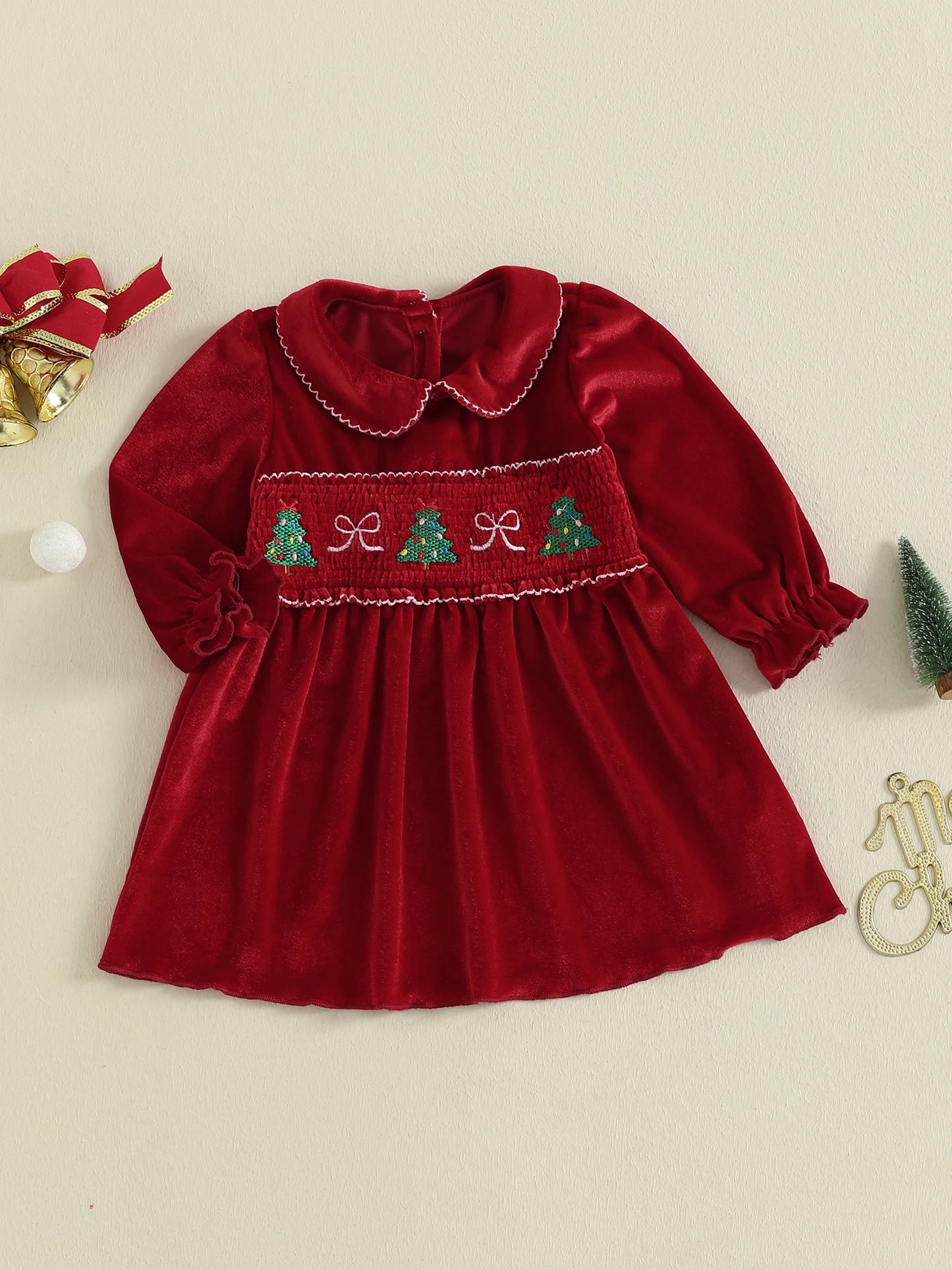 Lovely Kids Girls Christmas Velvet Dress - Xmas Tree Embroidery Doll Collar A-Line (0-4Y)
