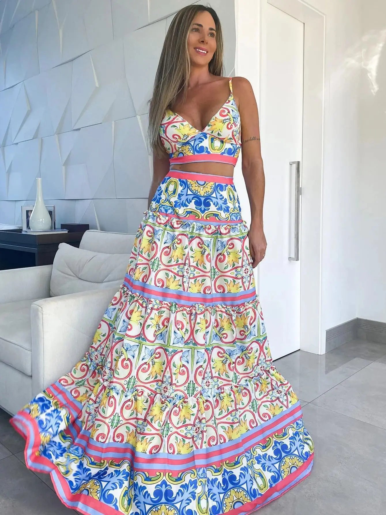 Women's Print Beach Two Piece Skirt White Bra High Waist A-line Long Skirt Beach Set