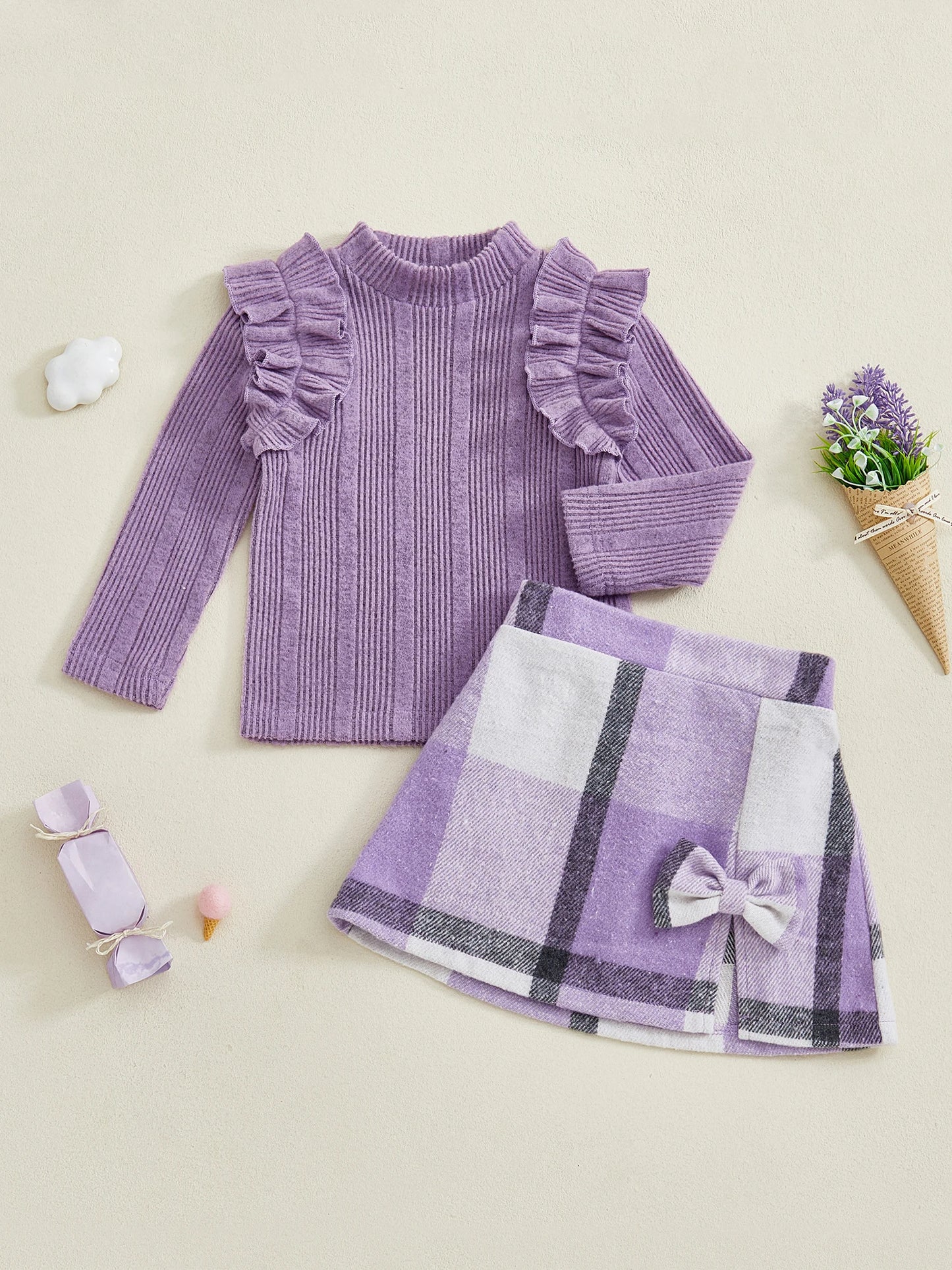 Girl's Skirt Set - Long Sleeve Crew Neck T-Shirt with Plaid Skirt