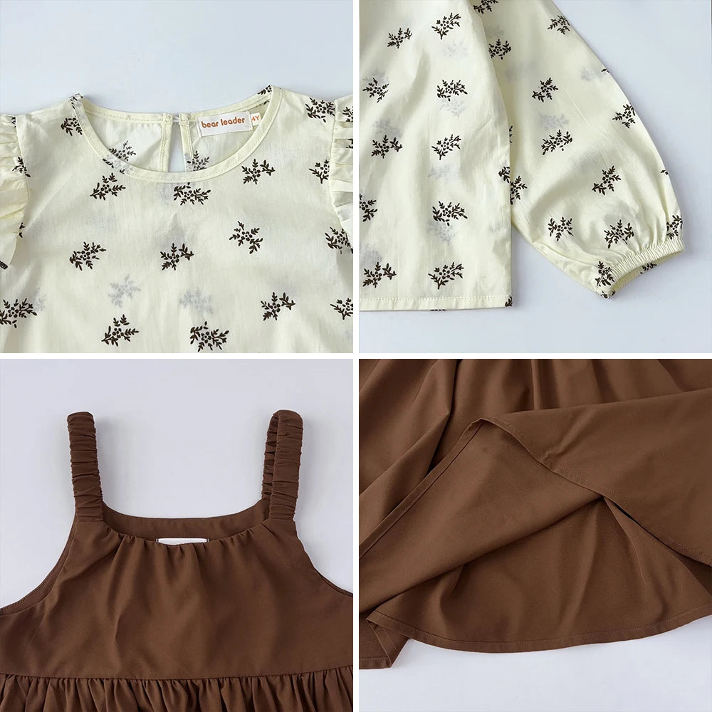 Girl's Long Sleeved Floral Top and Suspender Dress Set Two-piece Set