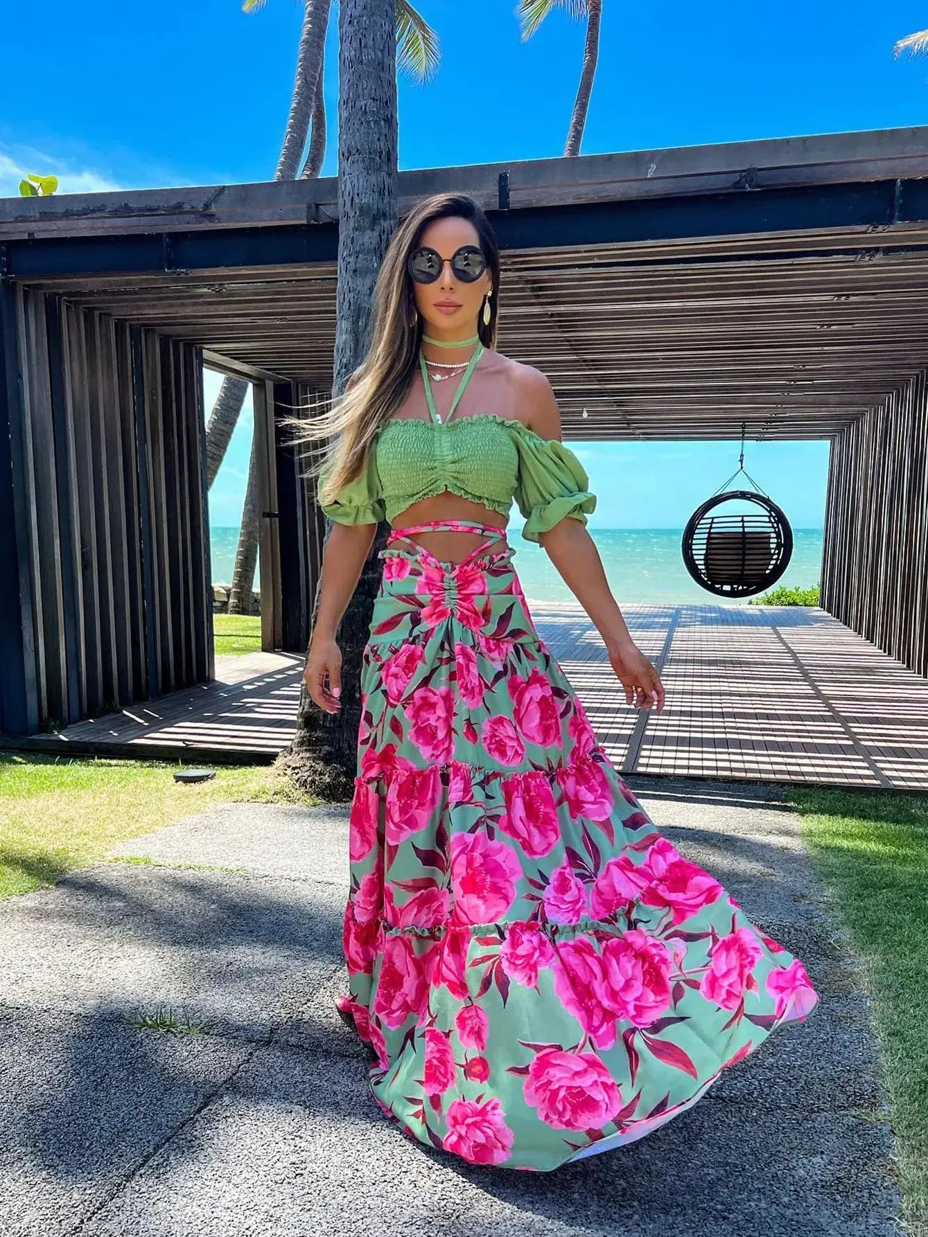 Women's Print Beach Two Piece Skirt White Bra High Waist A-line Long Skirt Beach Set