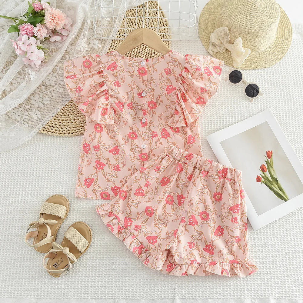 Girl's Summer  Round Neck Flying Sleeve Printed Top+lace Shorts Two-piece Set