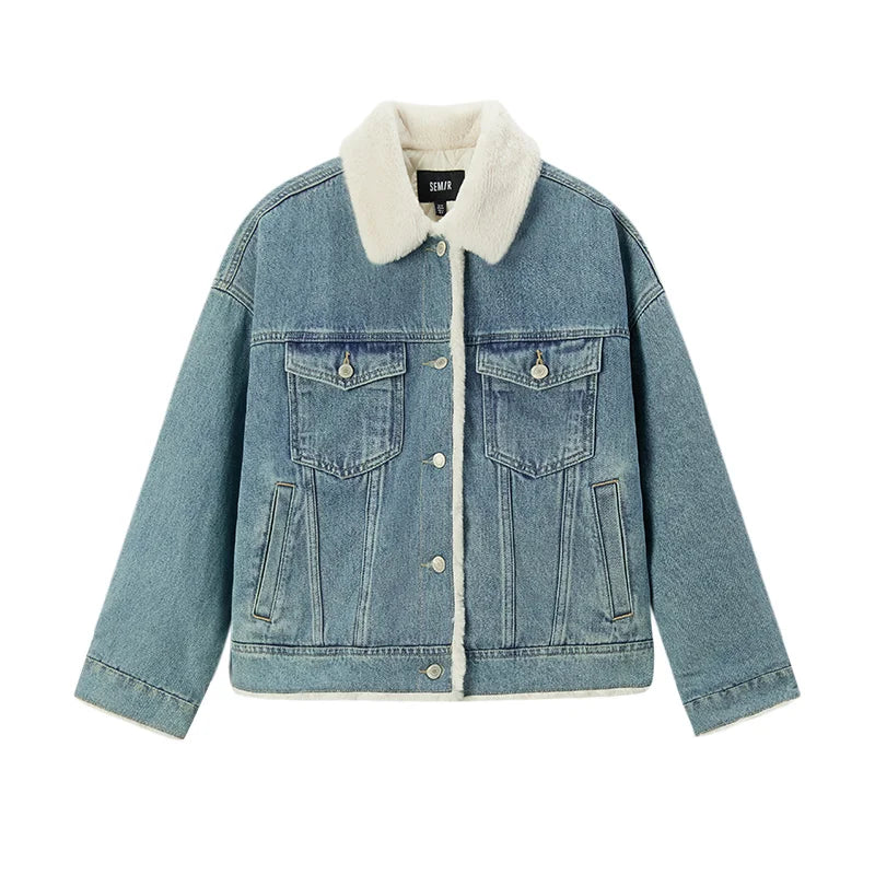Denim Jacket Women Patchwork Imitation Rabbit Fur Lapel Loose Winter Quilted Jacket
