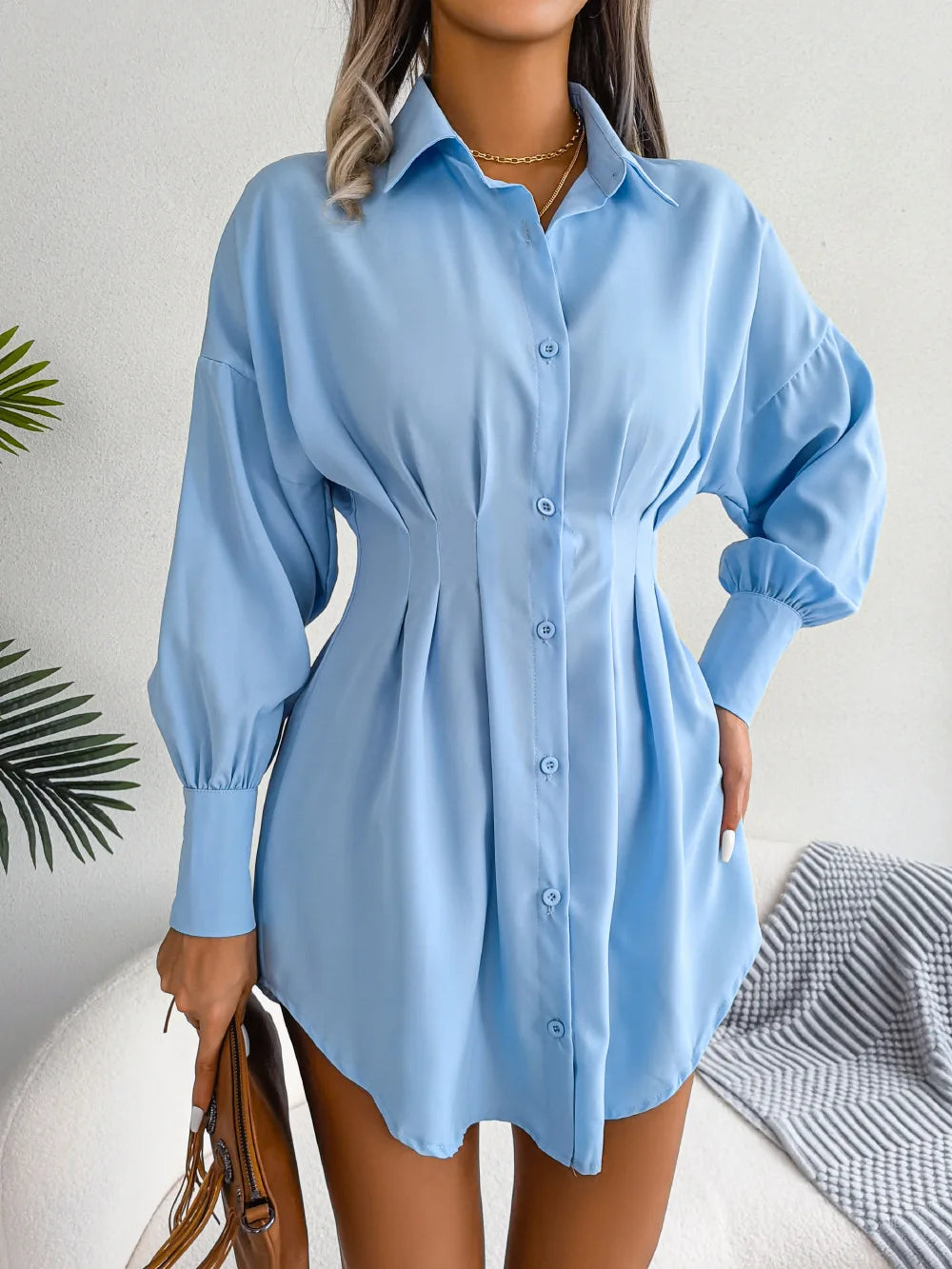 Women's Autumn Winter Casual Lantern Sleeve High Waist Asymmetric Dress Shirt Dress