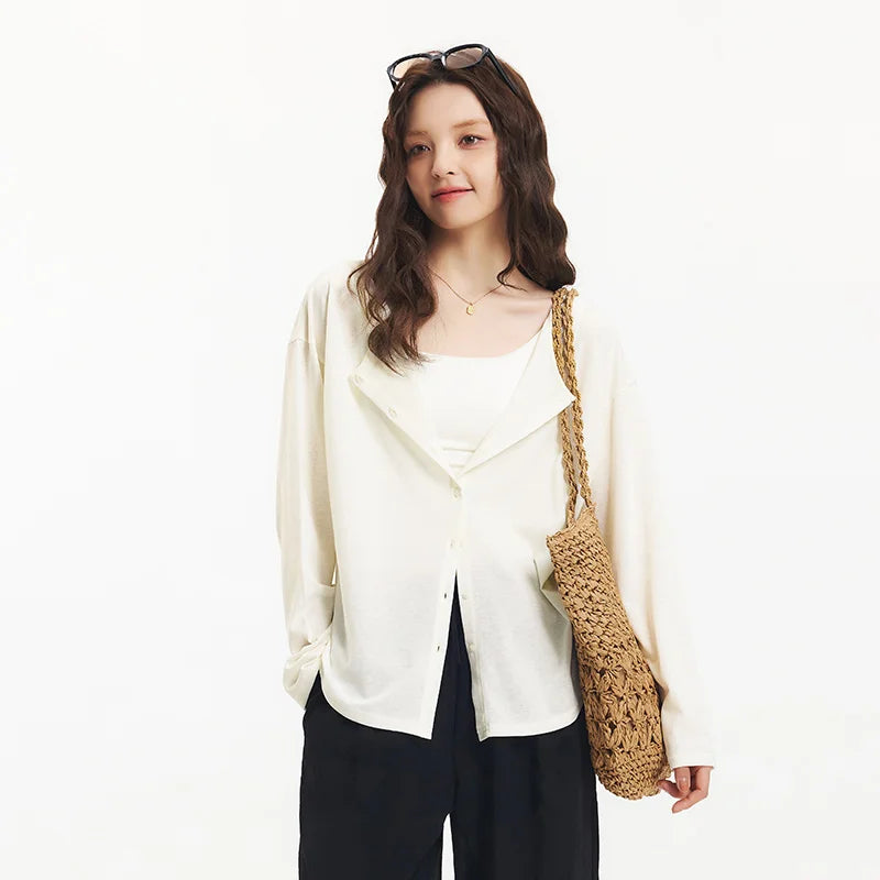 Women's Long Sleeve U-Neck T-Shirt - Minimalist Elegant Cardigan Style Top