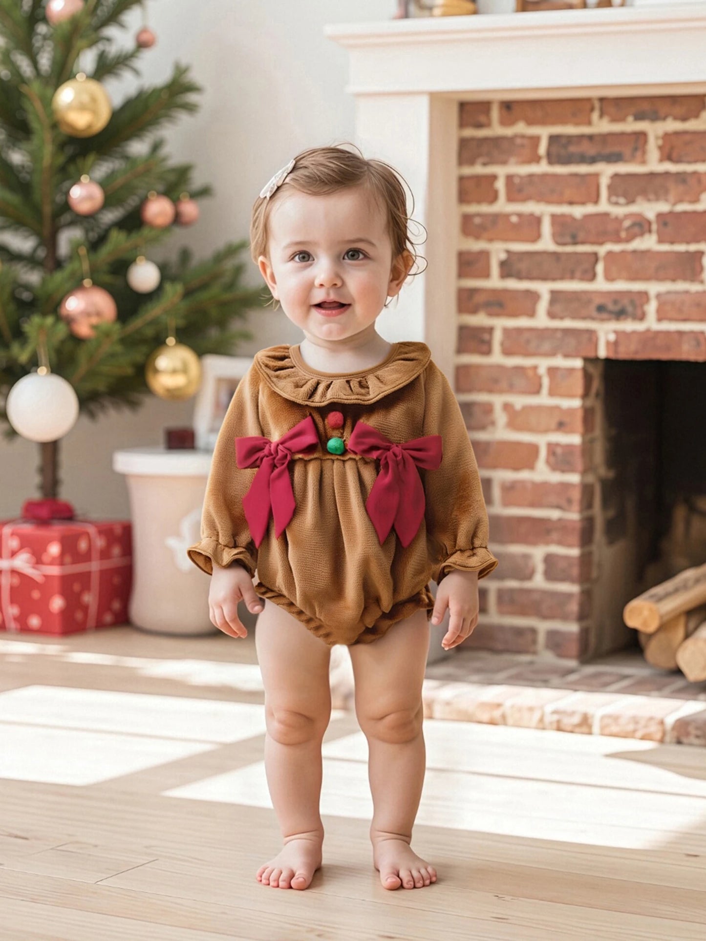 Baby Girls Christmas Romper - Plush Gingerbread Costume with Bow Detail