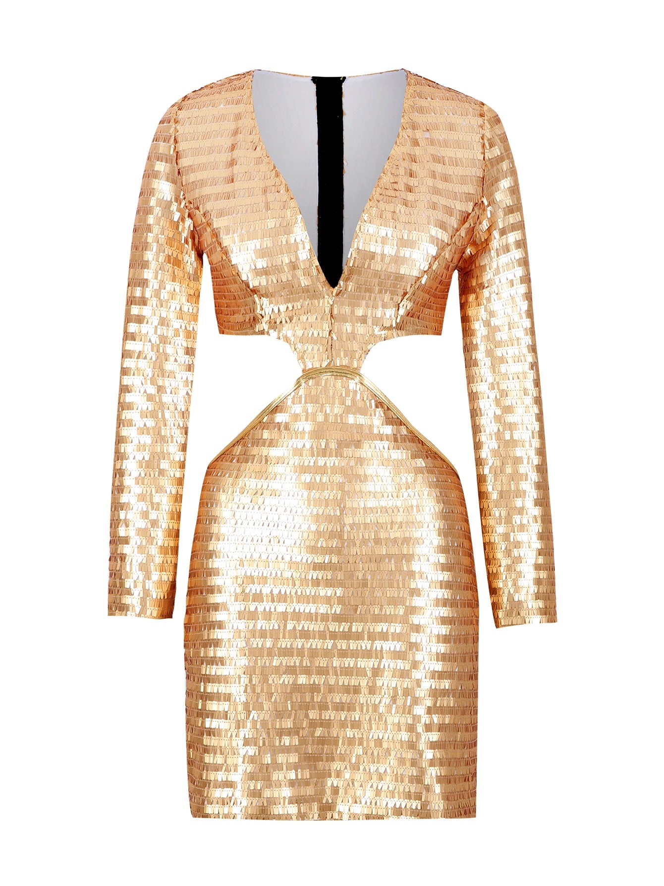 Women’s Sequin Mini Deep V Long Sleeve Naked Waist Cut Out Summer Party Evening Dress