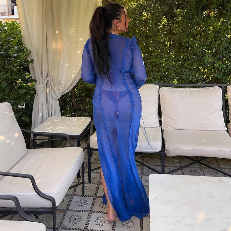 Women's Ruffle See Through Maxi Mesh Tie Up Long Beach Dress