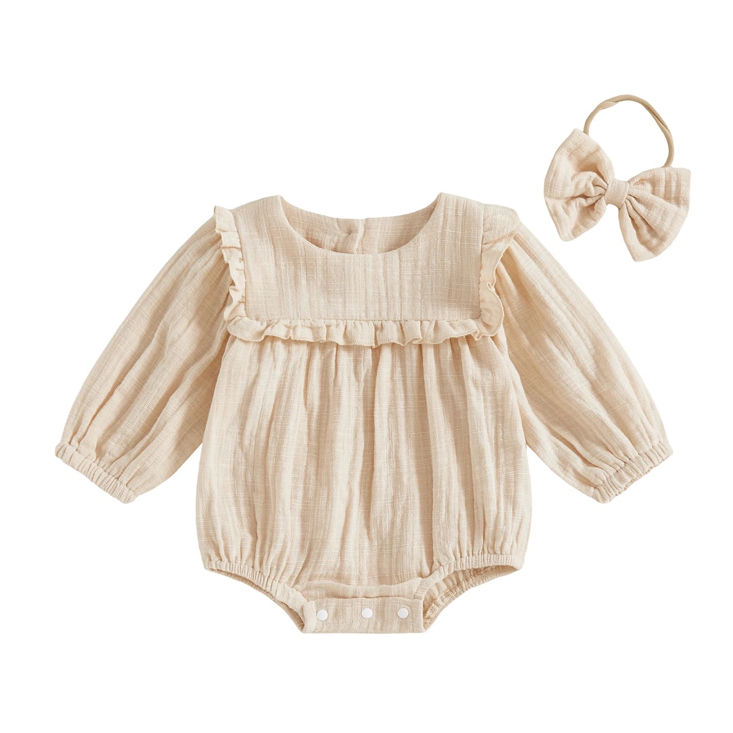 Baby Girls Fall Romper - Solid Color Long Sleeve Round Neck Ruffled Jumpsuit with Bow Headband