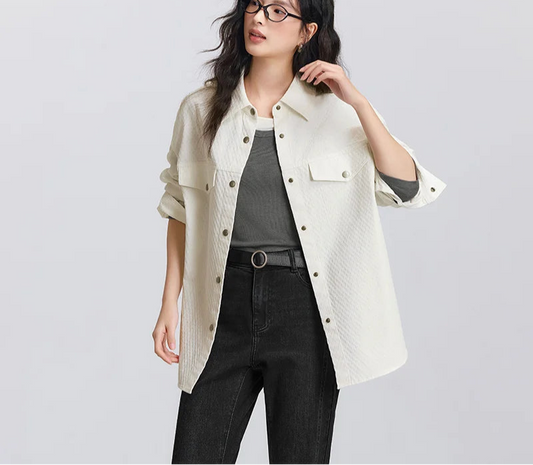 Women's Long Sleeve Diamond Pattern Cotton Shirt - Mid-Length Oversize Top