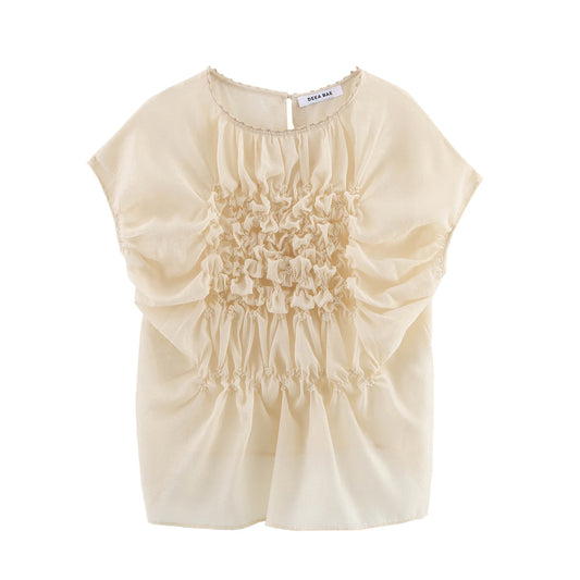 Semi-Transparent Pleated Short Sleeve Shirt - Sweet Design