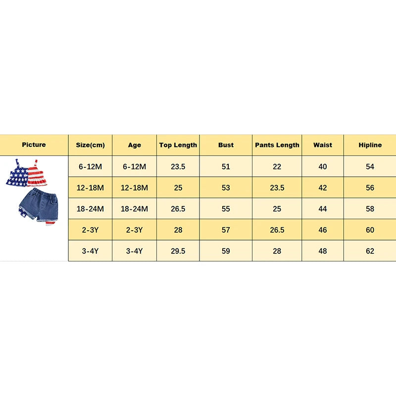 0-4Y Kids Girls American Flag Clothes Sets Star Stripe Print Camisole and Elastic Raw Denim Shorts