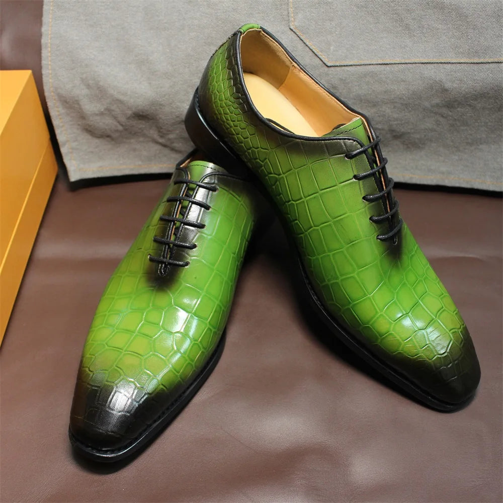 Men's Genuine Cow Leather Crocodile Print Business Formal Wedding Shoes