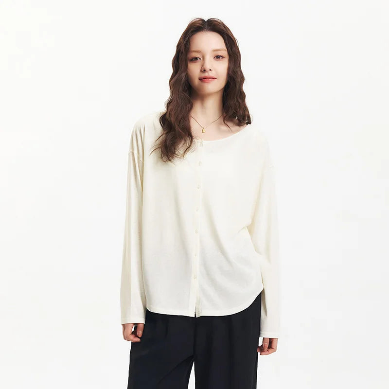 Women's Long Sleeve U-Neck T-Shirt - Minimalist Elegant Cardigan Style Top