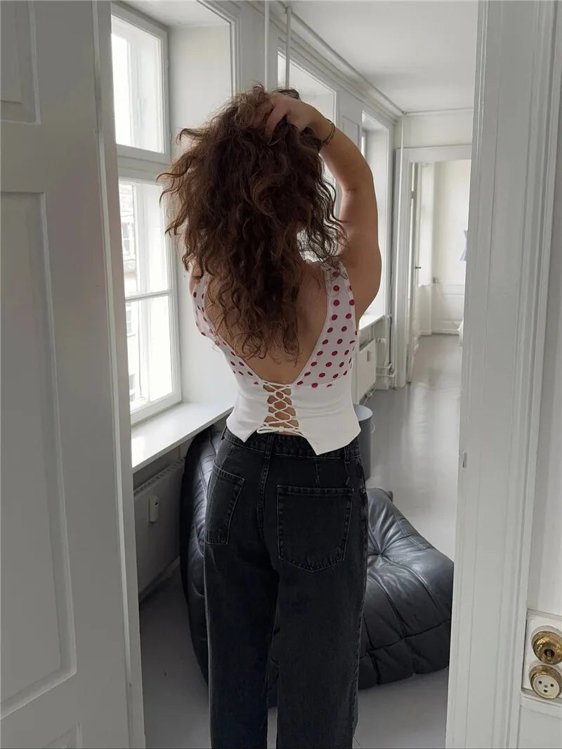 Women's Backless Polka Dot Crop Top Summer New Oblique Shoulder Sleeveless Tank Top