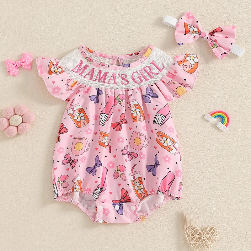 Baby Girls Summer Romper Set - Ruffles Fly Sleeve Letter Embroidery Jumpsuit
