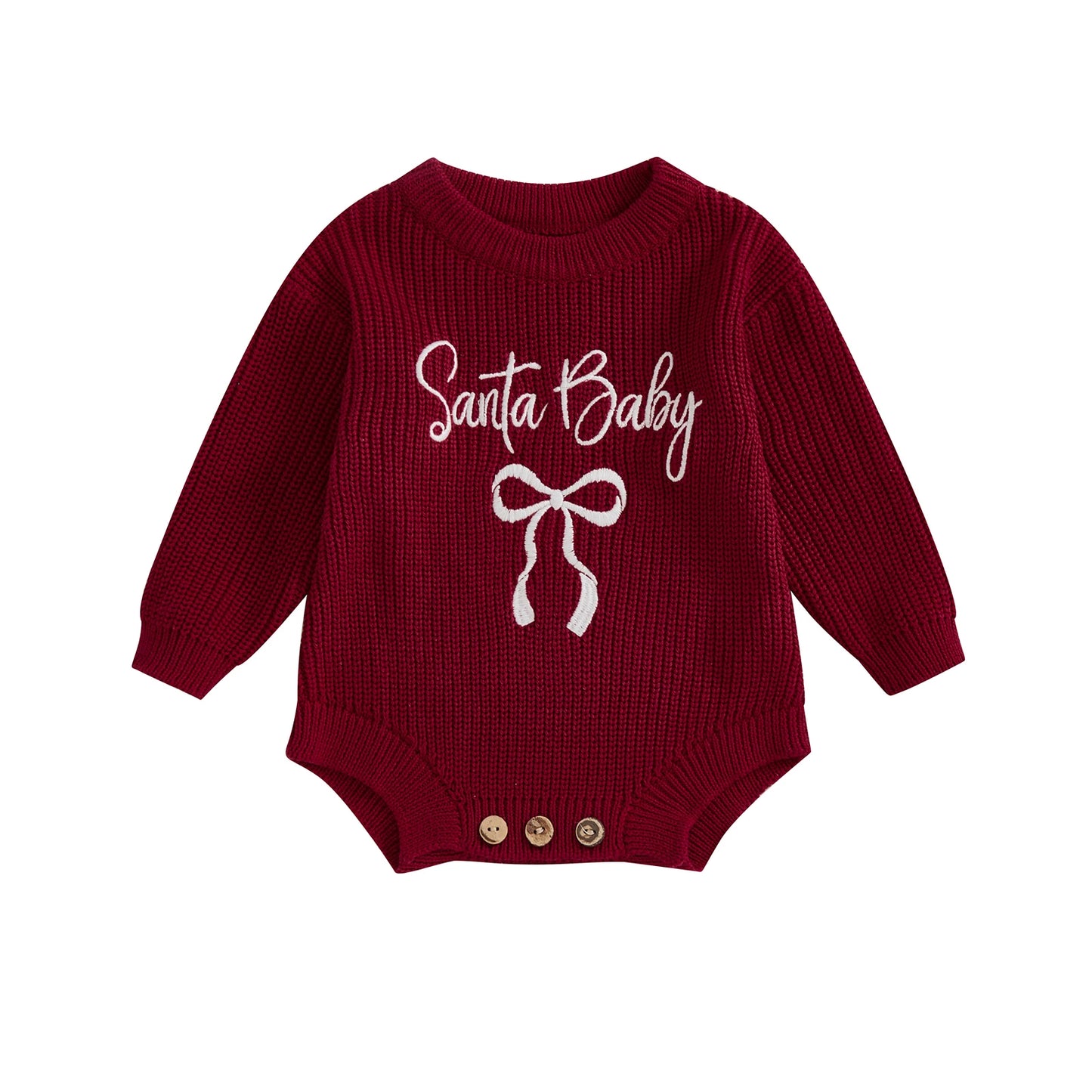 Baby Christmas Romper Sweater - Letter Bow Embroidery Ribbed Long Sleeve