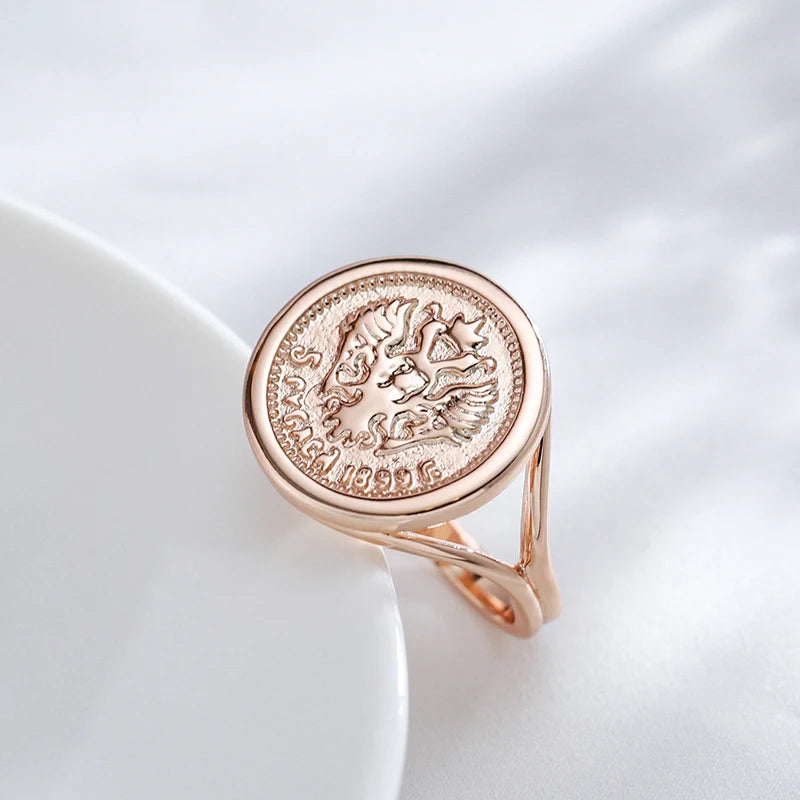585 Rose Gold Colour Antique Big Round Shape Carved Totem Ethnic Ring