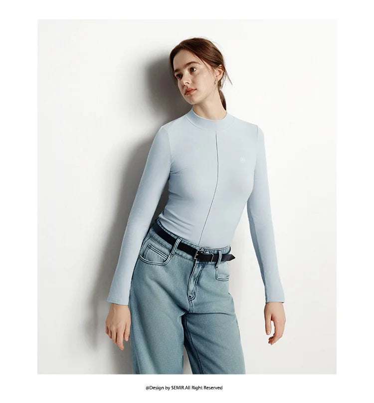 Women's Mock Neck Thermal Base Layer - Slim Fit Brushed Fabric with Embroidery