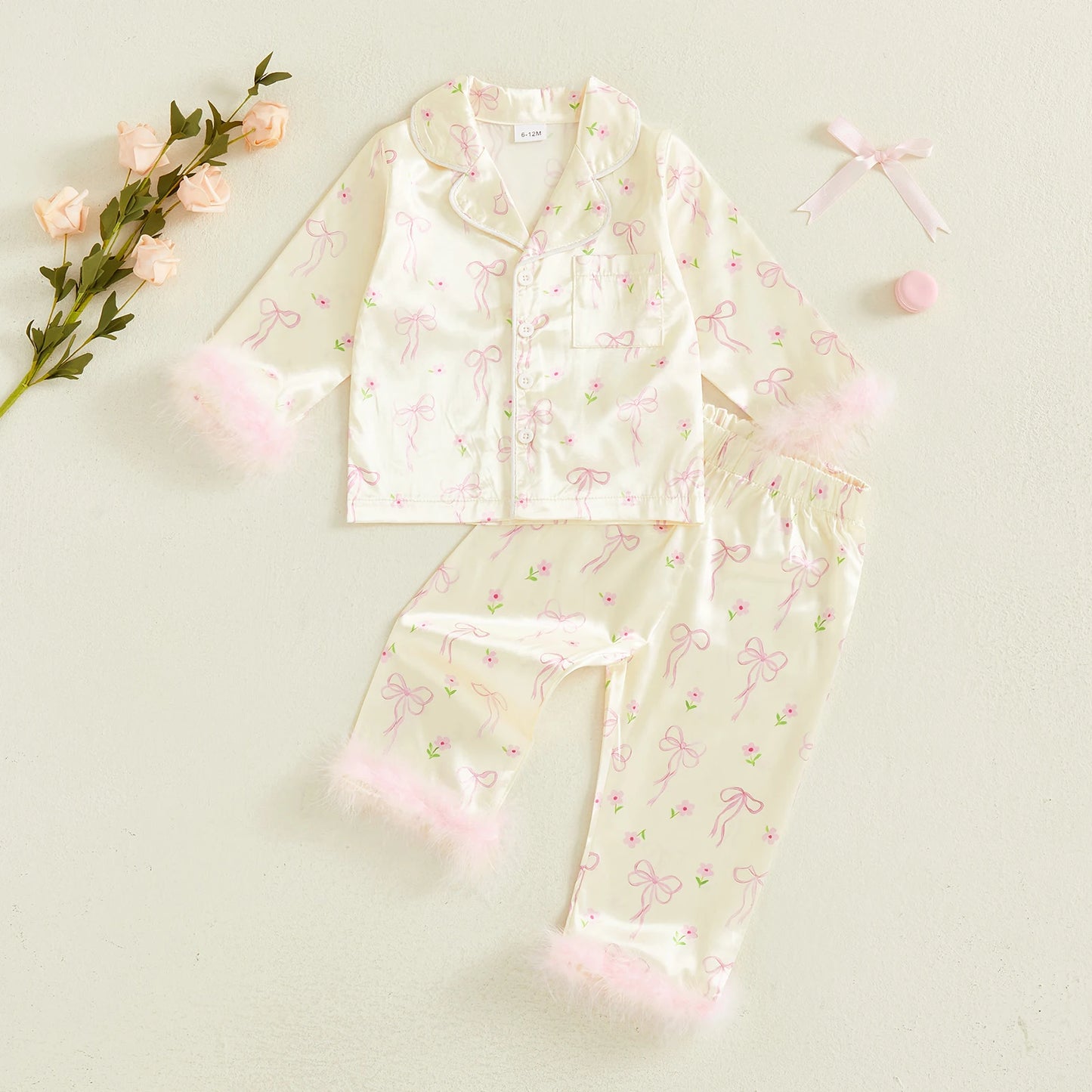 Toddler Girls Satin Pajama Set - Bow Furry Cuff Long Sleeve Top & Pants (1-5Y)