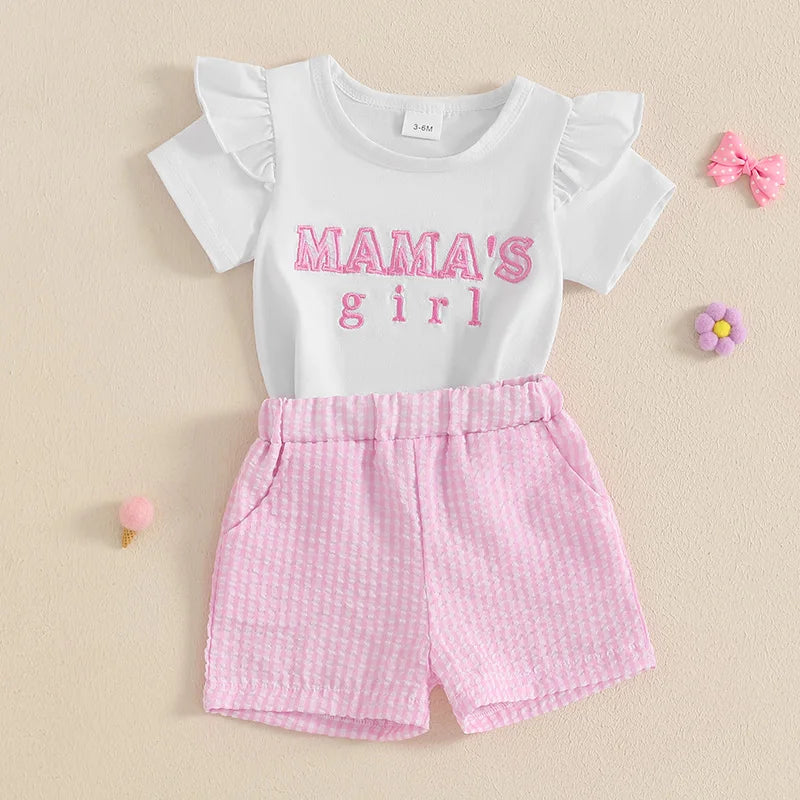 Baby Girls Summer Outfit Set - Letter Embroidery T-Shirt & Plaid Shorts (0-3Y)