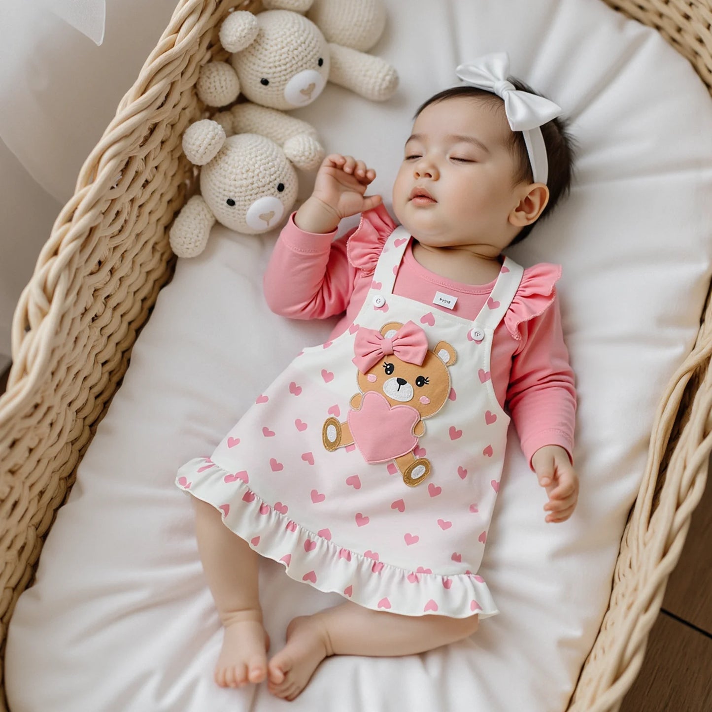 Baby Girls Bear Embroidered Dress Set with Bow Headband (0-18M)