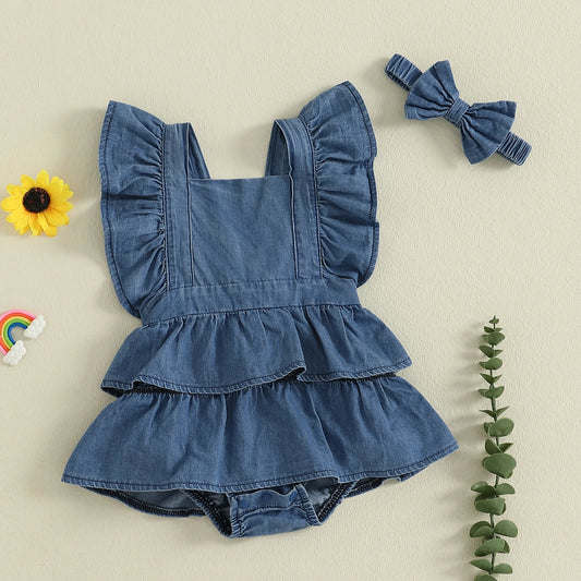 Baby Girls Denim Romper Dress Set - Ruffles Fly Sleeve Layered Jumpsuit with Bowknot Hairband