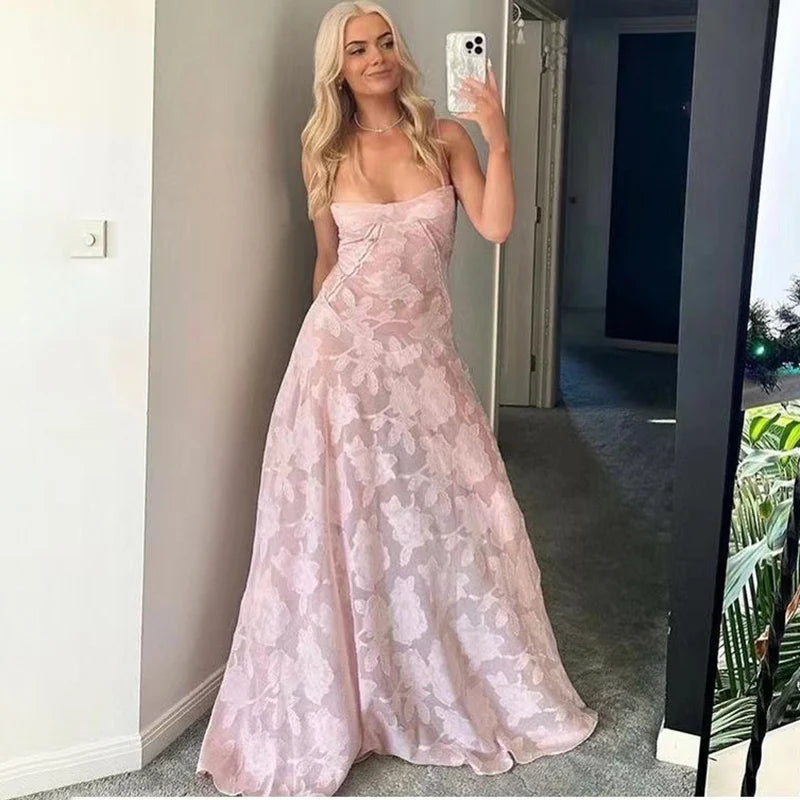 Women's See Through Spaghetti Maxi Plunge Off Shoulder Floral Mesh Patchwork Long Dress