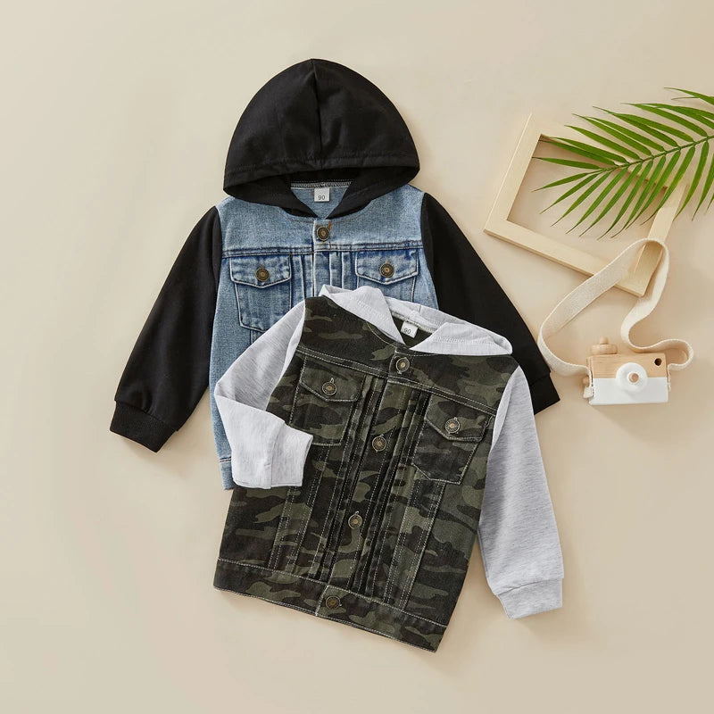 1-6Y Kids Boys Autumn Jacket Outwear Denim Solid /Camouflage Patchwork Hooded Jacket