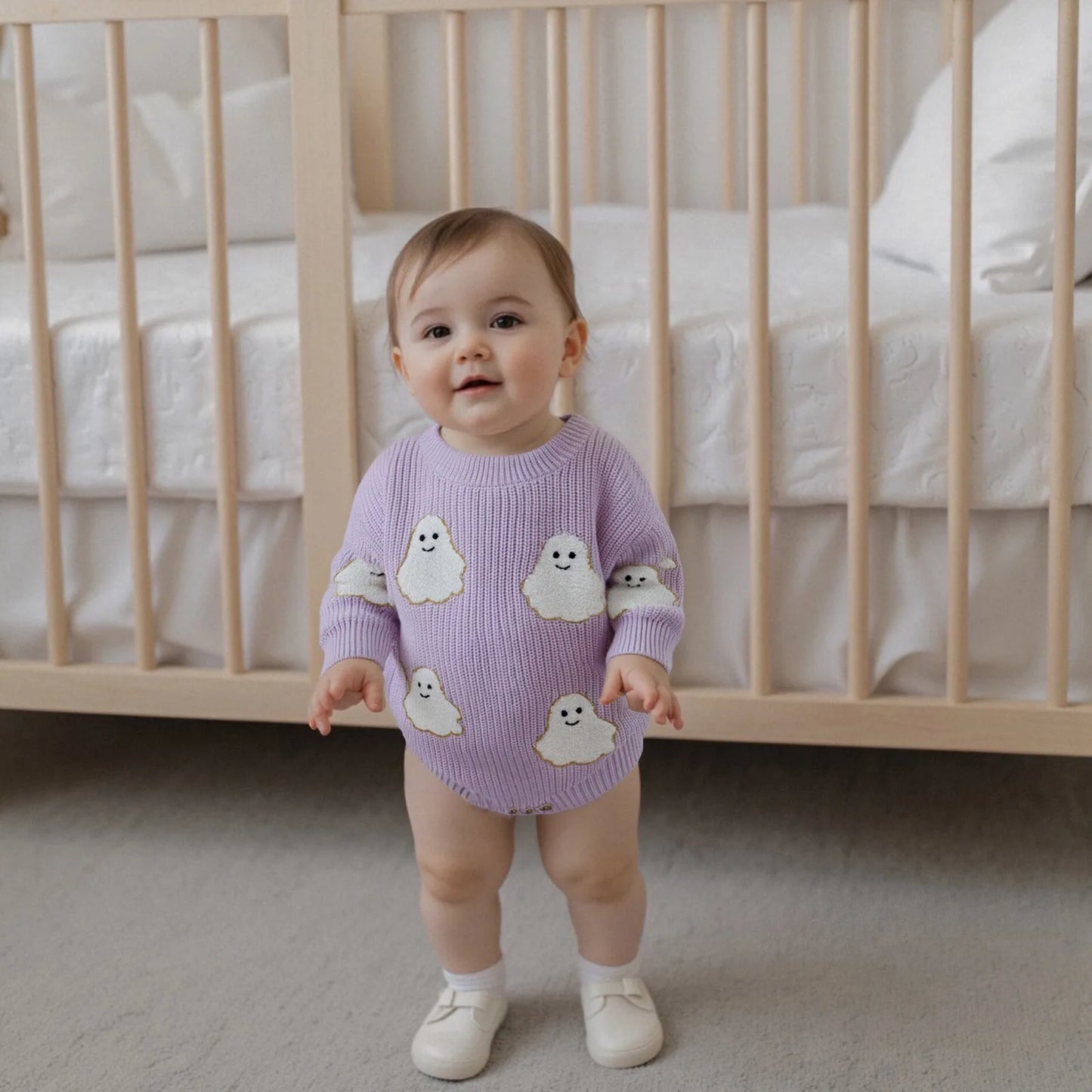 Baby Halloween Sweater Romper - Ghost Embroidery Crewneck Long Sleeve