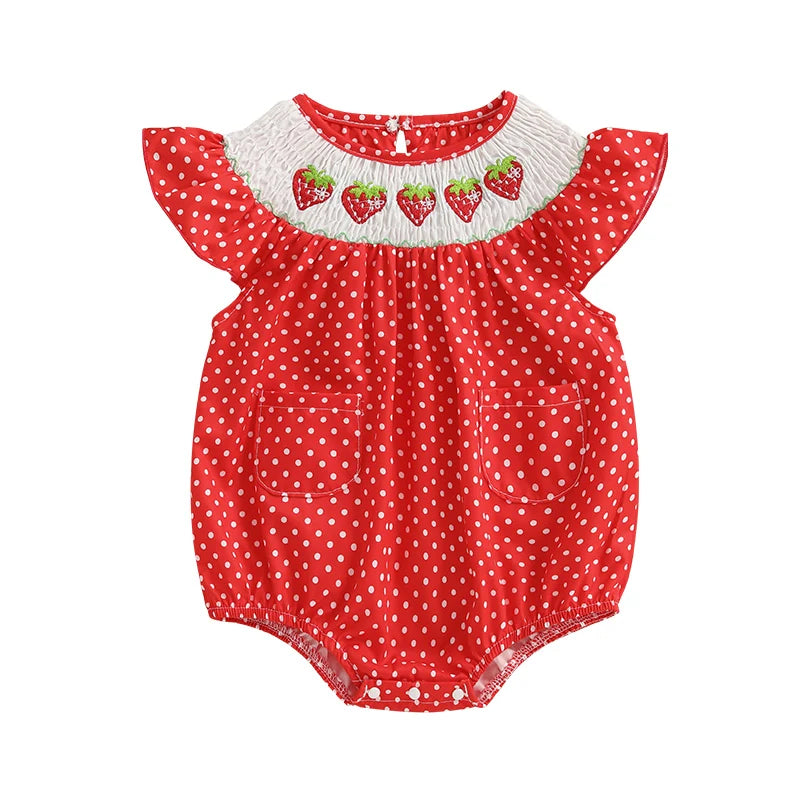 Baby Girls Strawberry Embroidery Polka Dot Romper - Smocked Ruffle Sleeve Jumpsuit (0-24M)