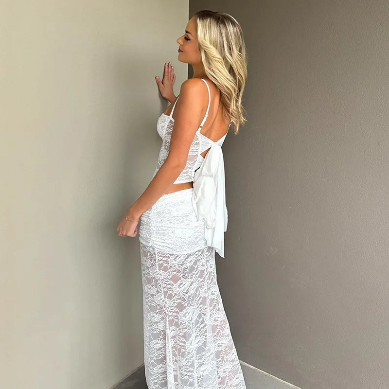 Women's Lace Trimmed Dress Set Club Outfits Lace Up Summer Backless Sheer Top and Skirt Co-ords Set