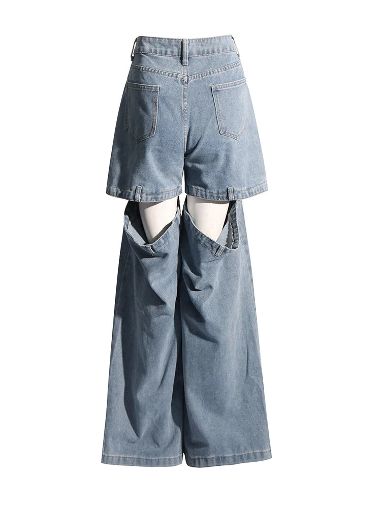 Women's Chic Spliced Zipper High Waist Patchwork Pockets Cut Out Casual Jeans