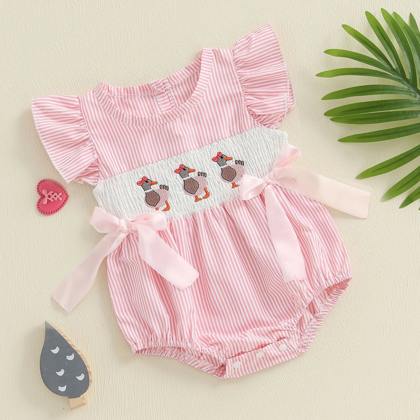 Baby Girls Striped Duck Embroidery Romper - Short Sleeve Jumpsuit with Bow (0-18M)