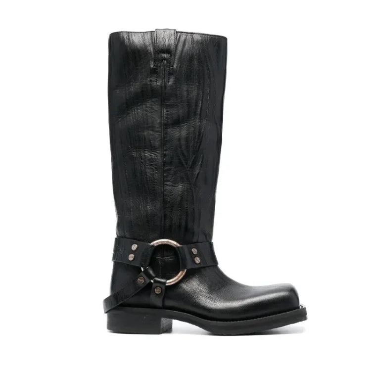 Women's Blue Cowboy Metal Ring Motorcycle Boots Belt Buckle Design 3.5cm Thick Heel Knight Boots Women's Square Head Fashion Boots 34-44