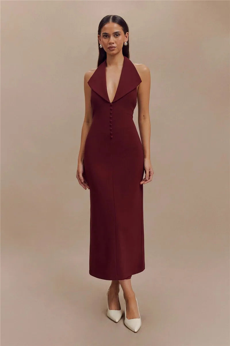Women's Halter Deep V Neck Sleeveless Maxi Elegant Backless Bodycon Tank Long Dress