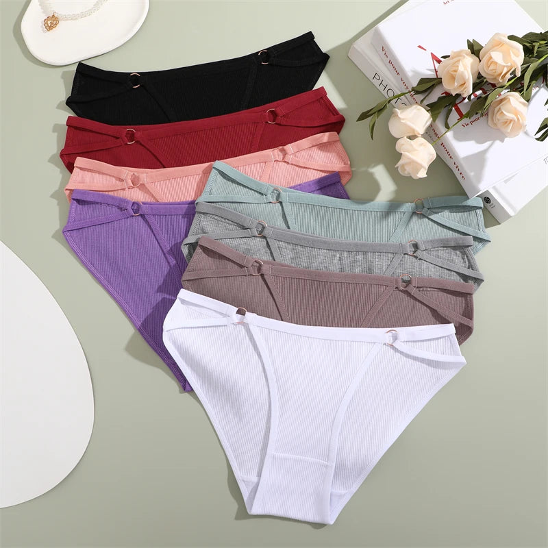 Women's 4Pcs/Set Cotton Double Belts Underwear Metal Ring Panties Low Waist Striped Briefs Breathable Lingerie