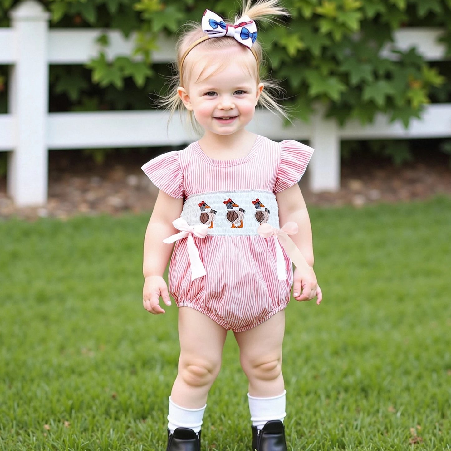 Baby Girls Striped Duck Embroidery Romper - Short Sleeve Jumpsuit with Bow (0-18M)