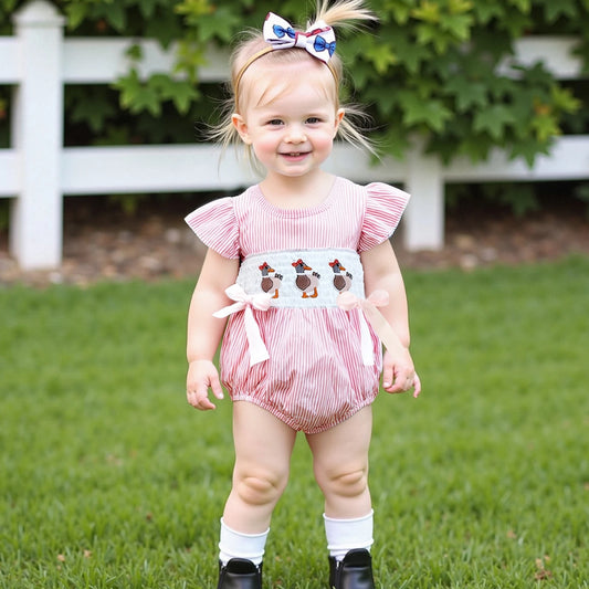 Baby Girls Striped Duck Embroidery Romper - Short Sleeve Jumpsuit with Bow (0-18M)