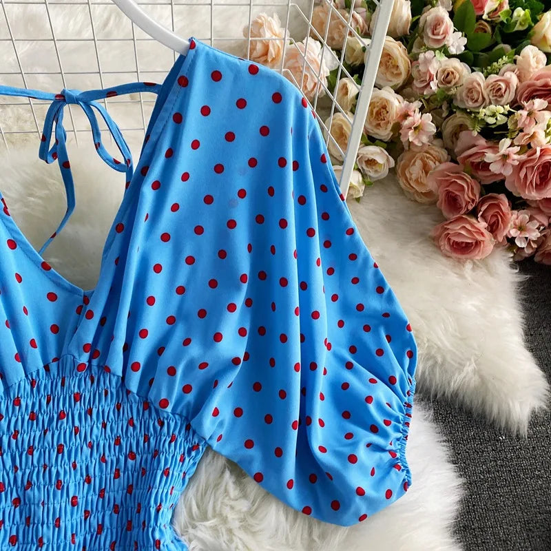 Women's V-Neck Polka Dot Jumpsuit - Wide Leg Trousers with Dolman Sleeves