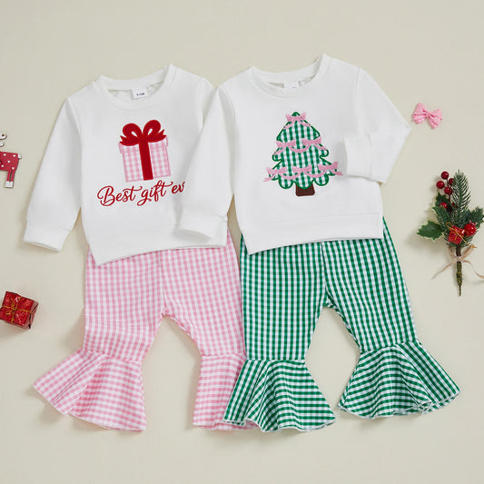 Baby Girls Christmas Tree Embroidered Sweatshirt & Plaid Bell Bottoms Set (0-4Y)