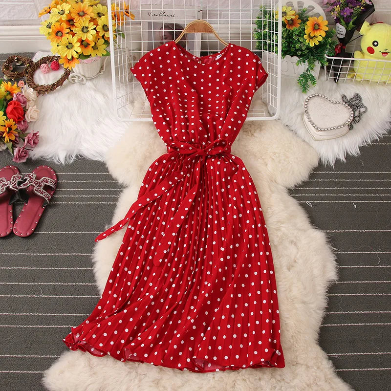 Women's Dot Print Chic Summer High Waist Knee Length Bandage Medium Long Dress