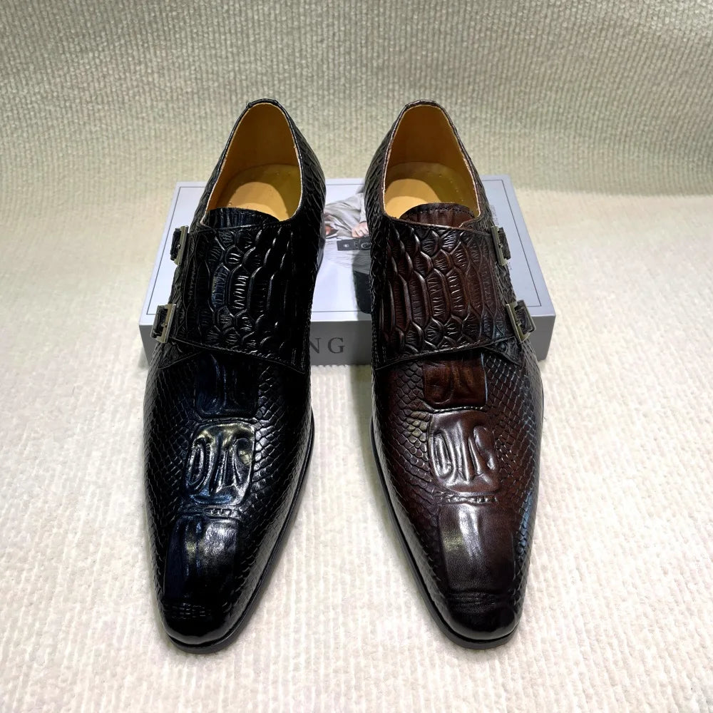 Men's Italian Genuine Leather Formal Oxford Python Crocodile Pattern Button Detailing for Office Party Wedding Shoes