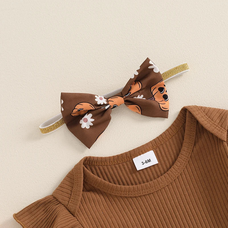 Baby Girl's Halloween Outfit Set - Ribbed Romper, Pumpkin Suspender Skirt & Bow Headband